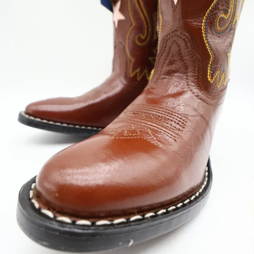 Acme Western Boots Childs 1 D Brown Star Inlay Leather New In Box Vintage Style